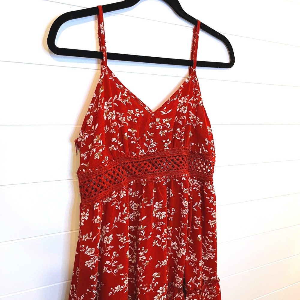 Womens Red Floral Print Mini Dress Spaghetti Straps Crochet Summer Sundress L - Picture 2 of 12